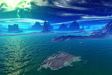 Fantasy alien planet. Rocks and lake