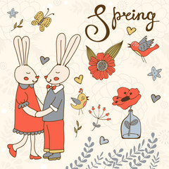 Fototapeta premium Cute hand drawn spring collection with rabbits and flowers