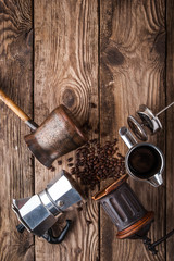 Accessories for coffee on the wooden table