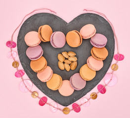 Still life, macarons, heart shape. Love concept 