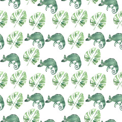 Hand drawn watercolor seamless pattern. Tropical animal. Chameleon, palm leaf .