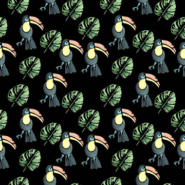 Hand drawn watercolor seamless pattern. Tropical animal. Toucan, palm leaf .
