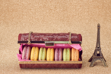 Macarons,fashion handbag,gold.Eiffel Tower.Vintage