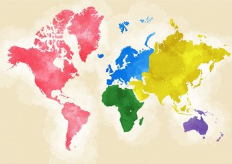 Cartina mondo, disegnata illustrata pennellate, divisione per continenti