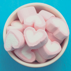 Pink heart shape of marshmallow with filter effect retro vintage