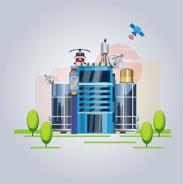 high tech building. future concept with satellite system - vecto