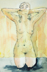 Naked female sitting on her knees seen through a yellow veil. The dabbing technique near the edges gives a soft focus effect due to the altered surface roughness of the paper.