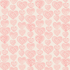 Seamless pink hearts vertical pattern on light yellow background