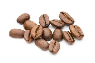 Coffee beans isolated on white background, closeup, macro