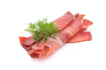 Slices of ham on white background.