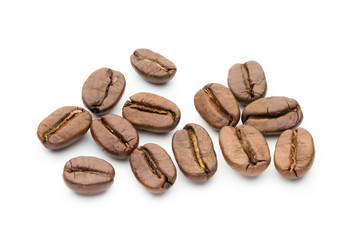 Coffee beans isolated on white background, closeup, macro