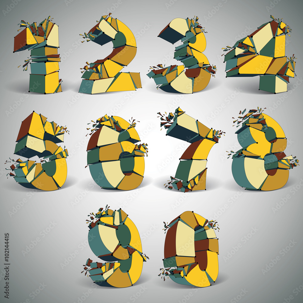 Poster set of abstract 3d faceted golden numbers with connected lines