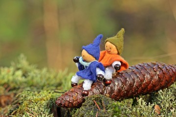 Zwei kleine Wichtel reiten auf einem Fichtenzapfen 