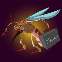 Vector illustration of a cartoon mosquito, holding a suitcase with malaria disease. - obrazy, fototapety, plakaty