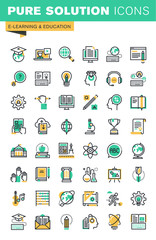 Modern thin line icons set of distance education, online learning, teaching, university and courses, e-book and digital library.