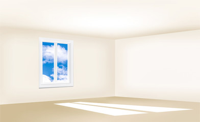 Empty room with beige walls, a window and a blue sky