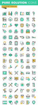Modern thin line icons set of health treatment services, online medical support, medical research, dental treatment and prosthetic.
