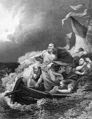 An engraved vintage illustration image of Jesus Christ calming the storm, from a Bible dated 1852 - obrazy, fototapety, plakaty