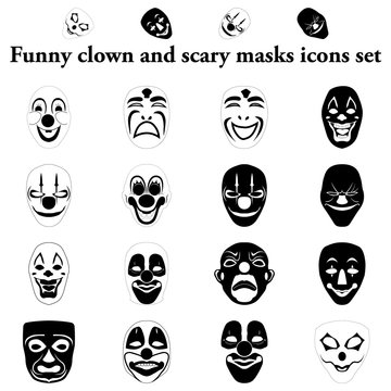 Funny clown and scary masks simple icons set