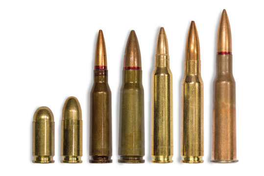 ammo for machine guns and pistols on the white background