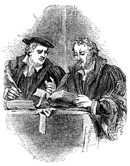 An engraved vintage portrait illustration of  Martin Luther and Philip Melancthon leading figures...