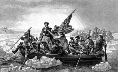 An engraved illustration of George Washington crossing the River Delaware during the American Revolutionary War, from a Victorian book dated 1886 - obrazy, fototapety, plakaty