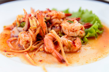 Thai food, shrimp ,with chili pepper and sweet basil