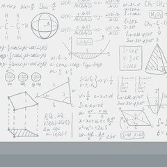 Background of white blackboard with mathematical equations.
