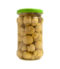 Champignons marinated in  jar isolated.