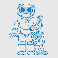 Little linear girl with domestic educational robot. A pupil with a robot teacher. Future lifestyle vector characters