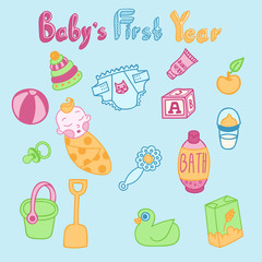 Set of vector lovely editable hand drawn objects for baby care. Baby food, baby toys and other green, yellow, blue and pink