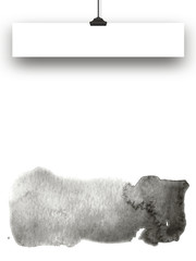 Close-up of one hanged rectangular paper sheet with clip on black watercolour background