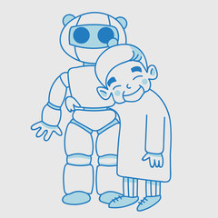 Old Lady with Robot blue linear. Old smiling woman linear character with a domestic robot house helper