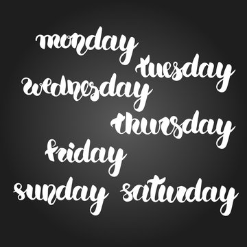 Monday, tuesday, wednesday, thursday, friday, saturday and sunday lettering. Hand drawn vector white calligraphy set of full days of week with black gradient background. Easy editable