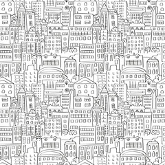 Cityscape seamless pattern. Doodle urban background. Vector illustration. 