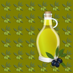 Olive seamless pattern. Olive branches, berry and oil tile-able ornament against the olive-green background. Open ClipArt.org elements.