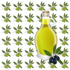 Olive seamless pattern. Olive branches, berry and oil tile-able ornament. OpenClipArt.org elements.