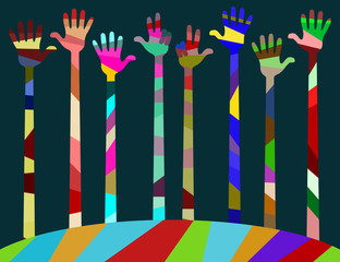 Fototapeta na wymiar many different colored hands. palms raised up and bent fingers. vector illustration, editable to any size