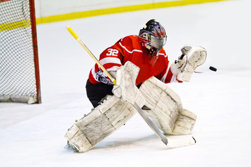 Hockey goalie in generic red equipment protects gate - 102153859