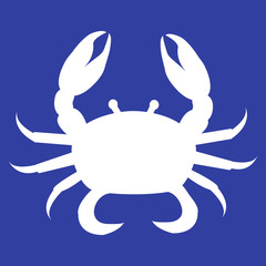Stylized icon of  crab in white on a colored background