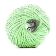 Green fiber clew, sewing yarn roll isolated on white background