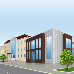 office building with an entrance and reflection