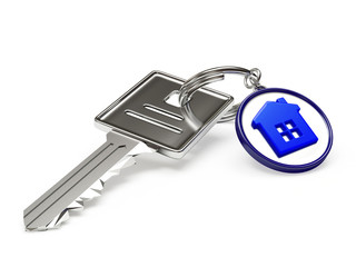 Silver key and round keychain with house isolated on white
