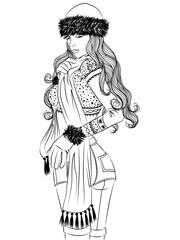 Sexy girl in winter clothing standing sideways outline