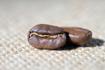 Coffee beans / Coffee beans lying on jute fabric