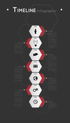 timeline infographic template with red hexagons and icons, flat effect