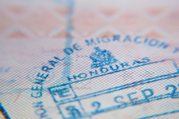 Macro of arrival stamp of Honduras in passport