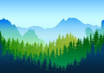 Vector summer or spring landscape. Panorama of mountains, green