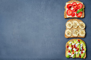 set healthy sandwiches with vegetables and fruits