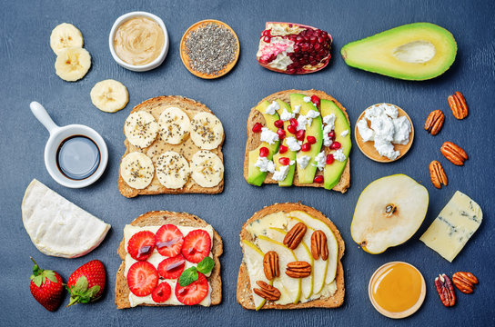 set healthy sandwiches with vegetables and fruits with the ingre